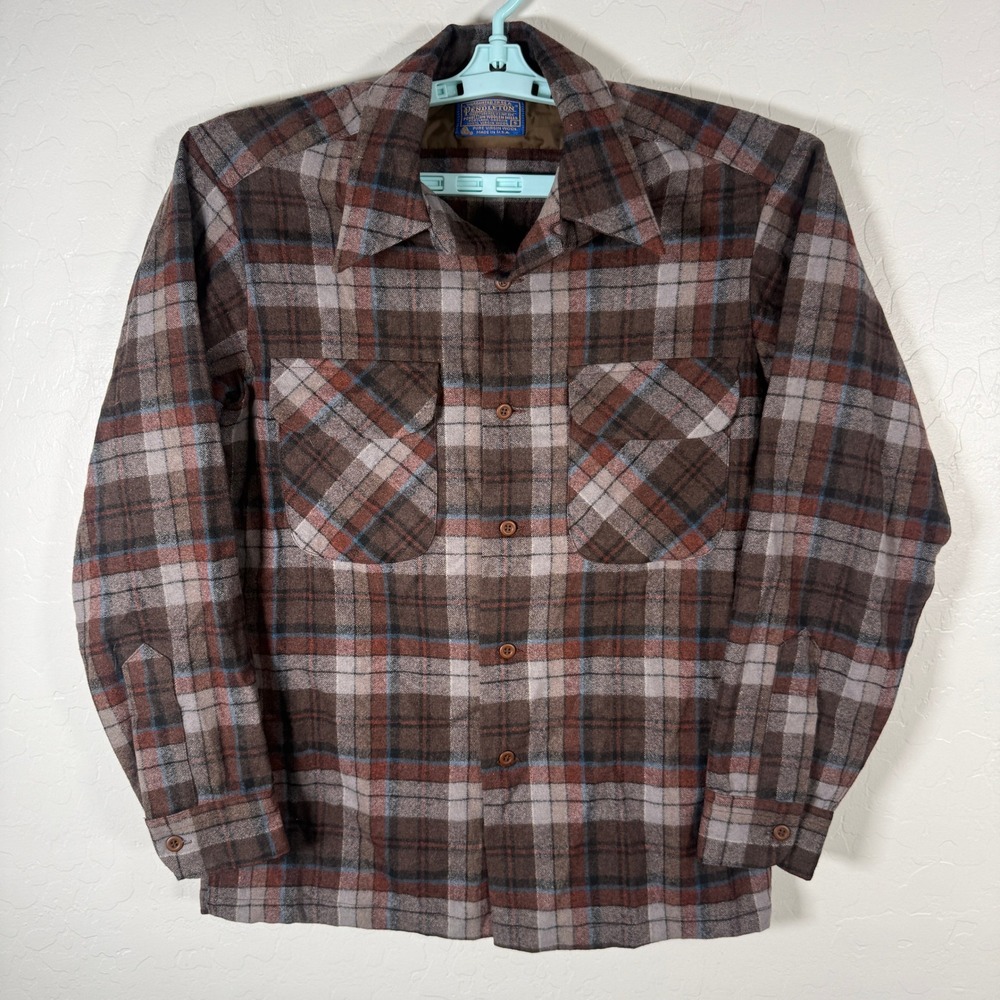 Vintage Pendleton Shirt Mens Small Brown Board Camp Plaid Wool Flannel USA Made